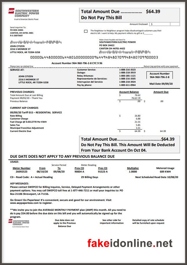 Southwestern Electric Power Company (SWEPCO) - LA/AR/TX Utility Bill Template